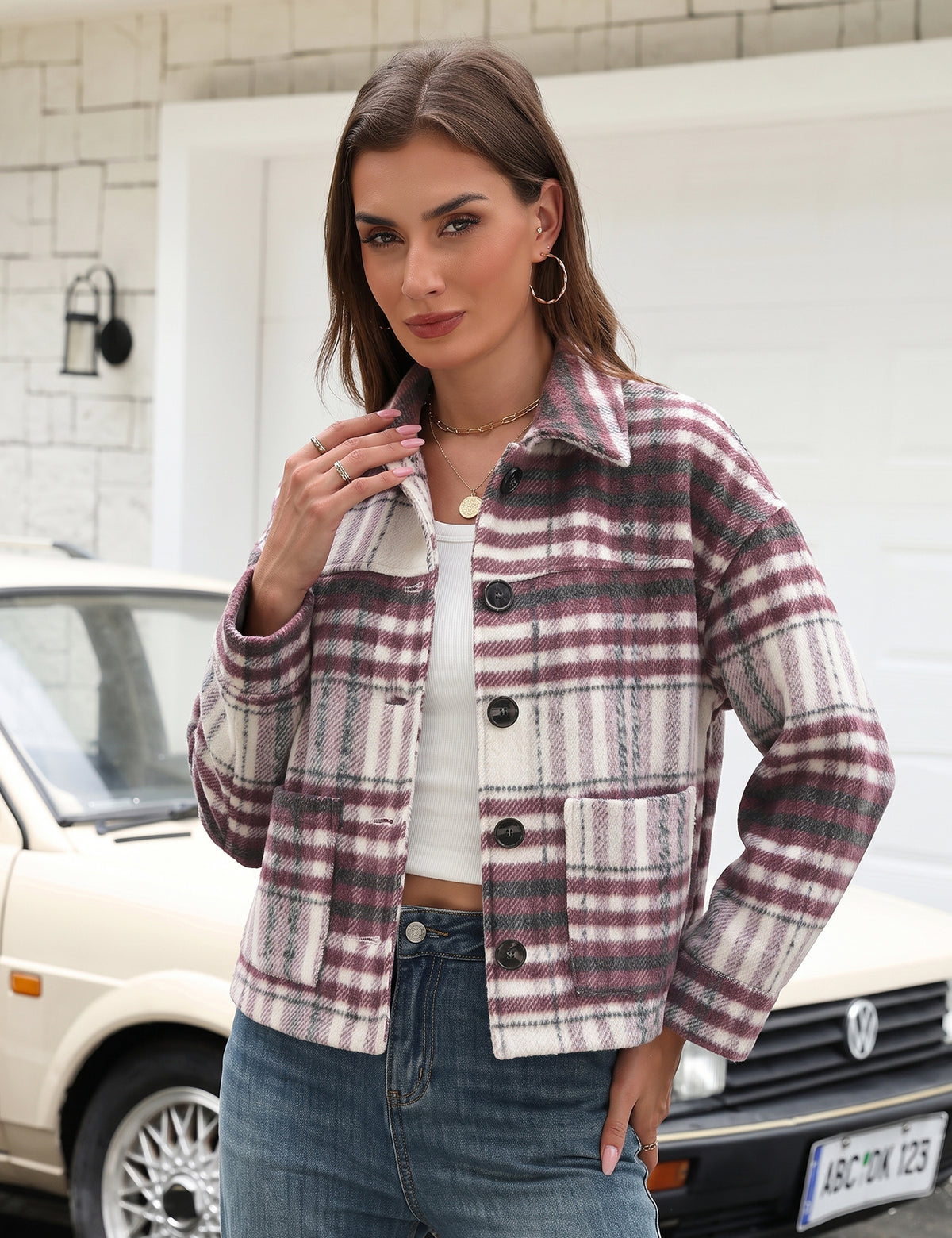 LOMON Women's Flannel Cropped Plaid Shacket Jacket Button Down Fall Outfits