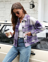 LOMON Women's Flannel Cropped Plaid Shacket Jacket Button Down Fall Outfits