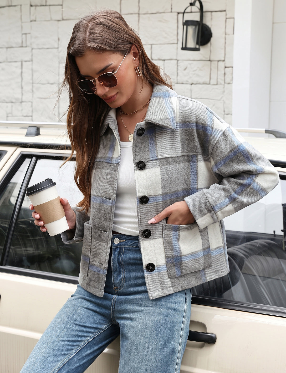 LOMON Women's Flannel Cropped Plaid Shacket Jacket Button Down Fall Outfits