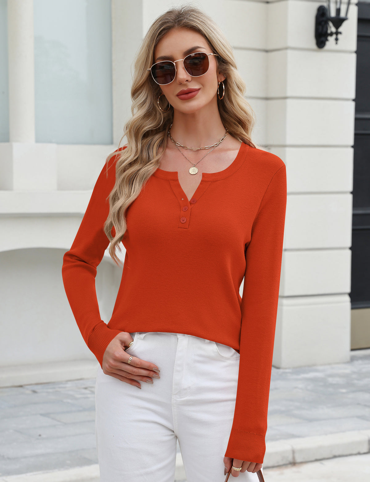 LOMON Womens Wool Blend Long Sleeve Sweaters V Neck Henley Pullover Tops