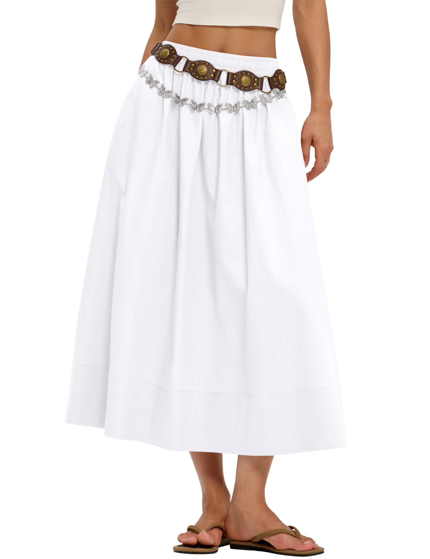 LOMON Midi Skirts for Women A-Line Cotton Flowy Maxi Skirt Boho Summer Beach Casual Elastic Waist Dress Outfit with Pockets