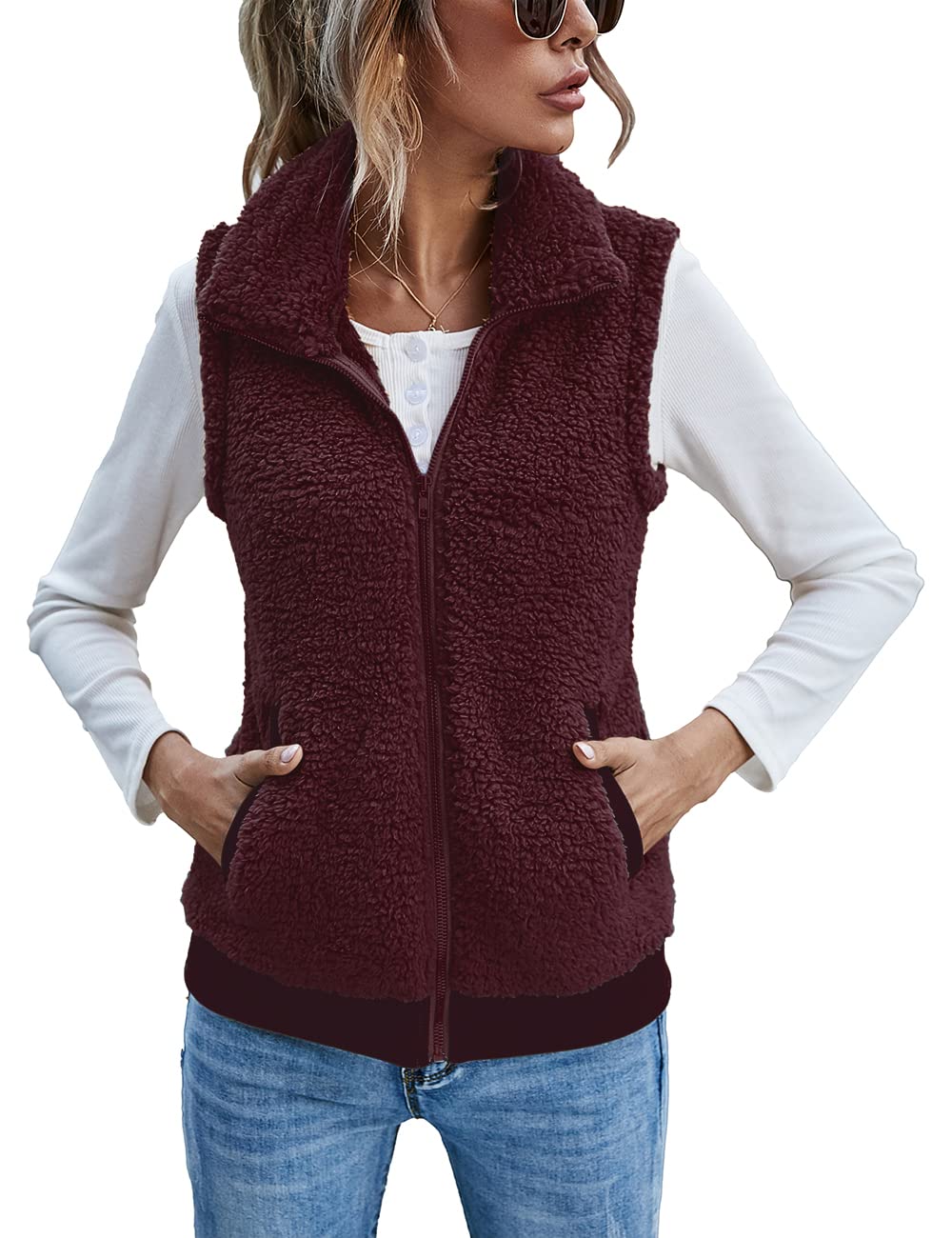 LOMON Womens Fuzzy Fleece Vest, Casual Warm Sleeveless Zip Up Sherpa Vest Jacket with Pockets for Fall/Winter