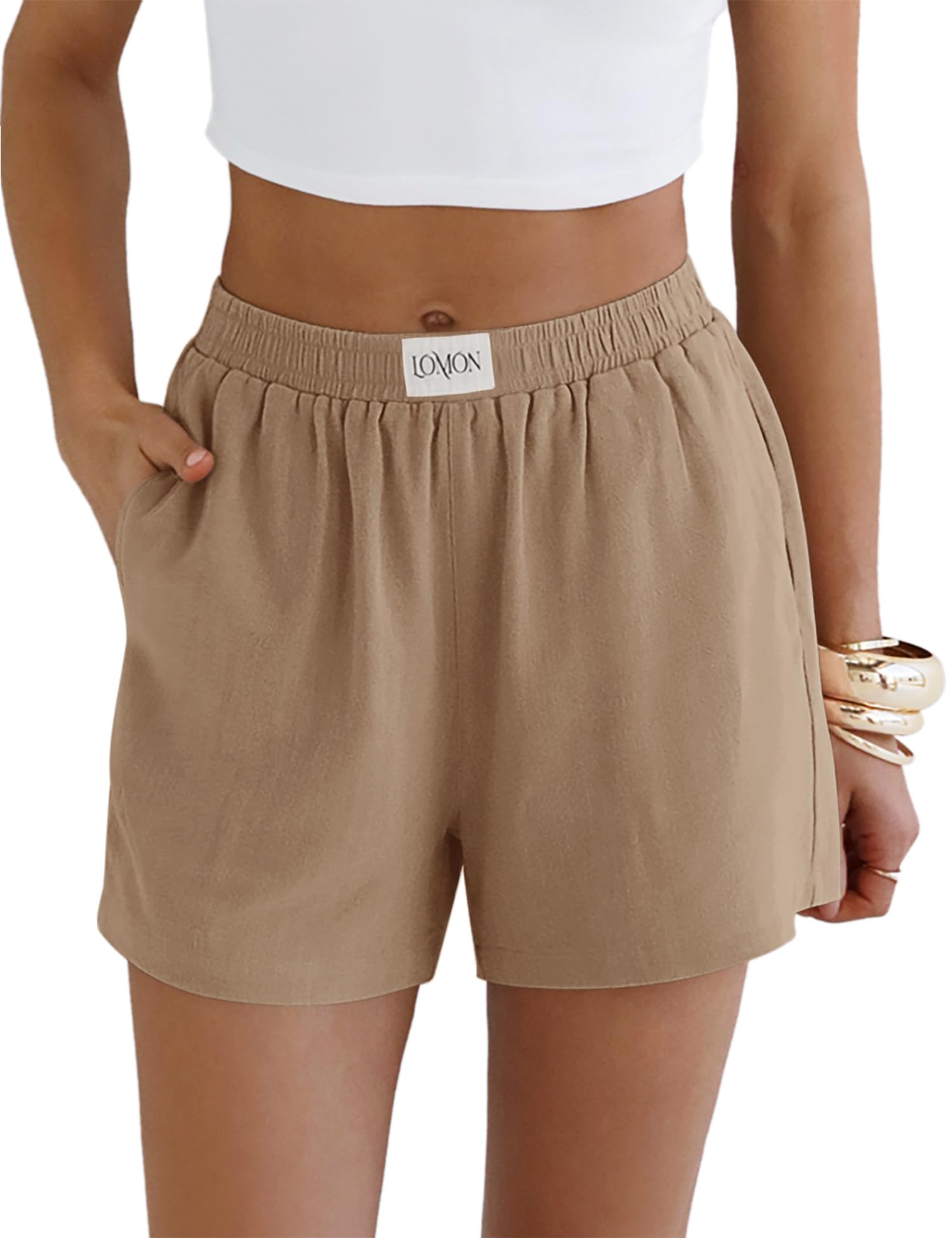 LOMON Linen Shorts for Women Summer Beach Casual Shorts Comfy Lightweight Vacation Cruise Outfits Lounge Pants with Pockets