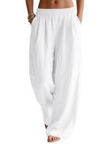 LOMON Linen Pants Women Wide Leg Palazzo Summer Flowy Pants Beach Vacation Clothes Elastic Waist Travel Trousers with Pockets