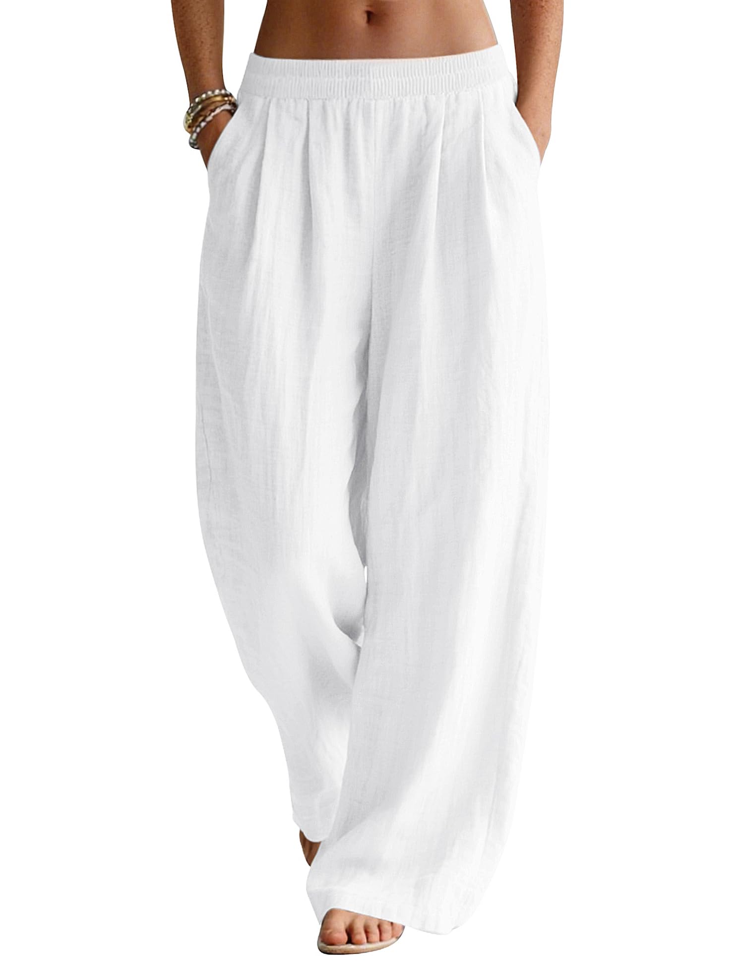 LOMON Linen Pants Women Wide Leg Palazzo Summer Flowy Pants Beach Vacation Clothes Elastic Waist Travel Trousers with Pockets