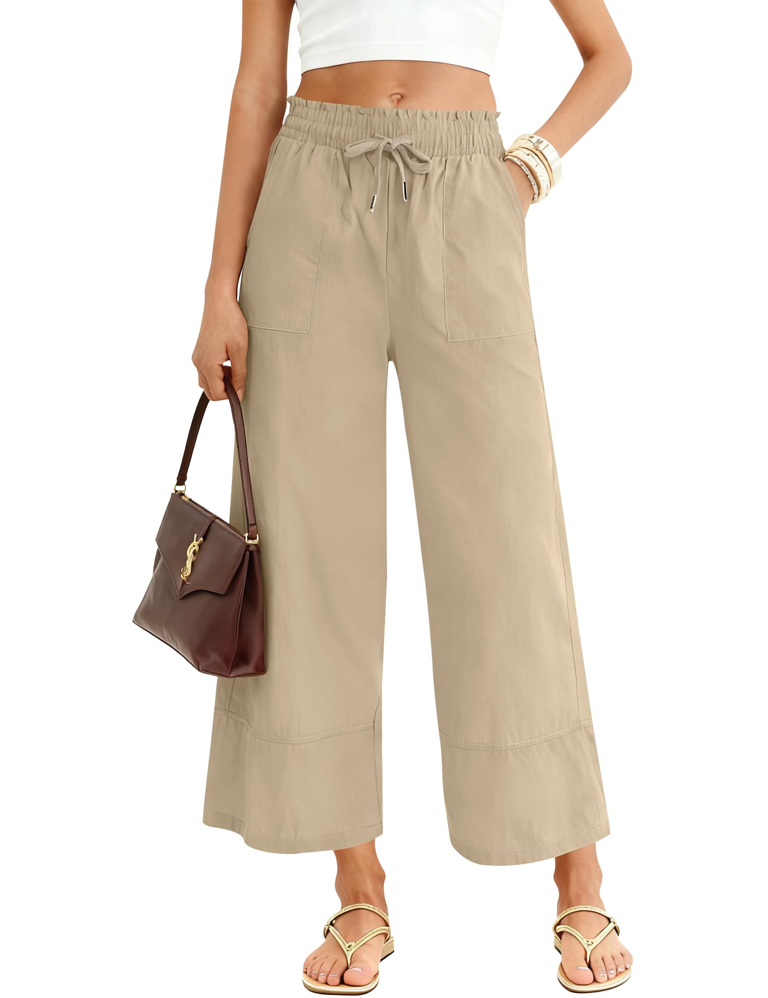 LOMON Women's Casual Wide Leg Pants Drawstring Elastic Waist Flowy Palazzo Pants with Pockets