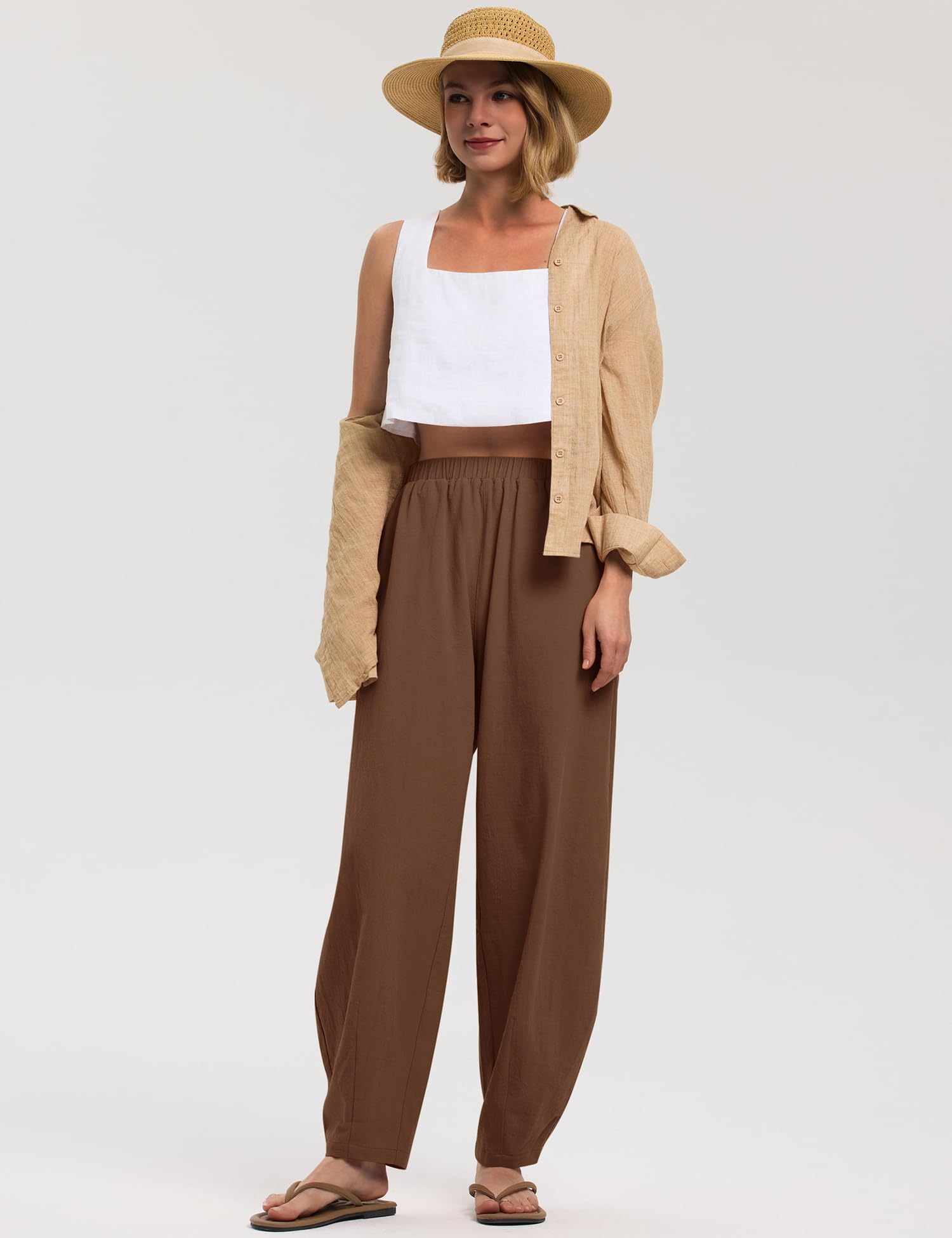 LOMON Linen Barrel Pants Women Wide Leg Palazzo Summer Baggy Harem Pants Boho Casual Trousers with Pockets Beach Vacation
