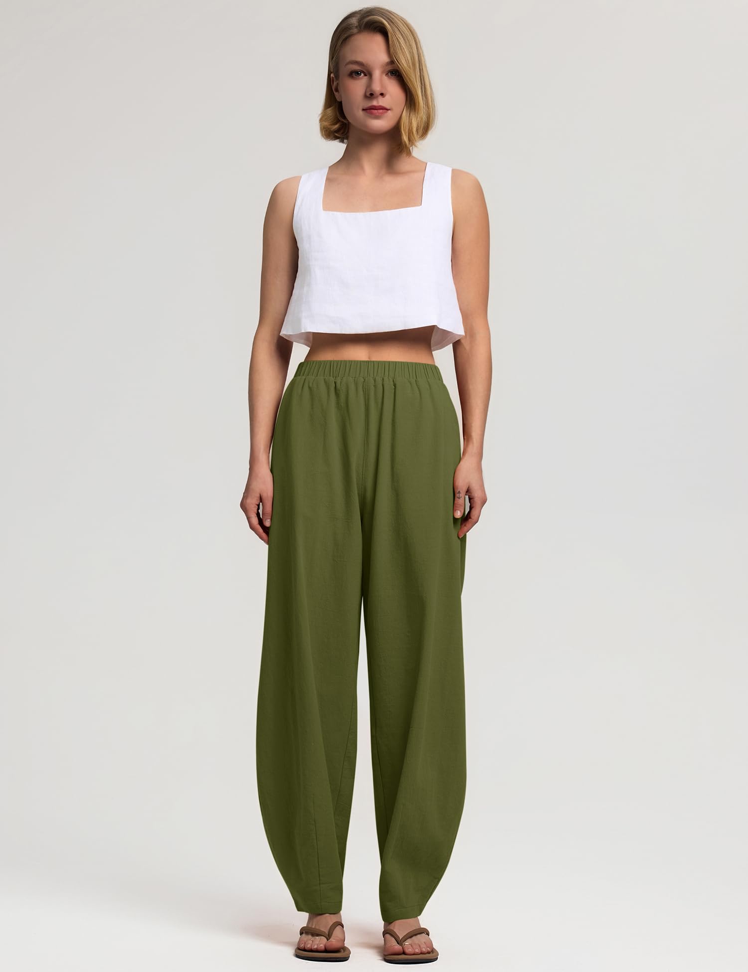 LOMON Linen Barrel Pants Women Wide Leg Palazzo Summer Baggy Harem Pants Boho Casual Trousers with Pockets Beach Vacation