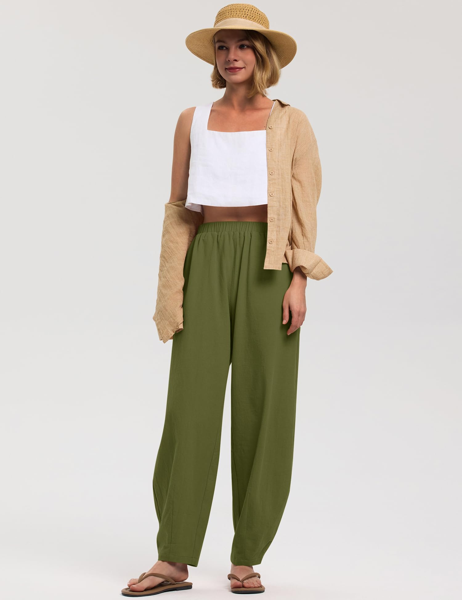 LOMON Linen Barrel Pants Women Wide Leg Palazzo Summer Baggy Harem Pants Boho Casual Trousers with Pockets Beach Vacation