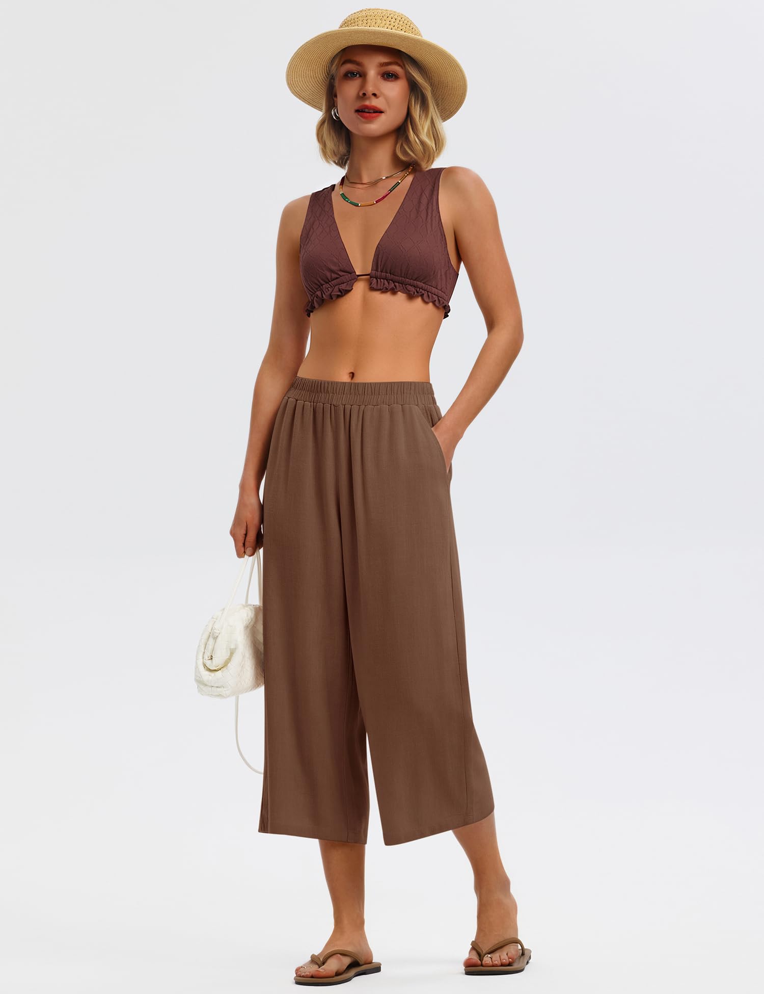 LOMON Women's Wide Leg Capri Pants Cropped Palazzo Summer Beach Vacation Casual Pants with Pockets