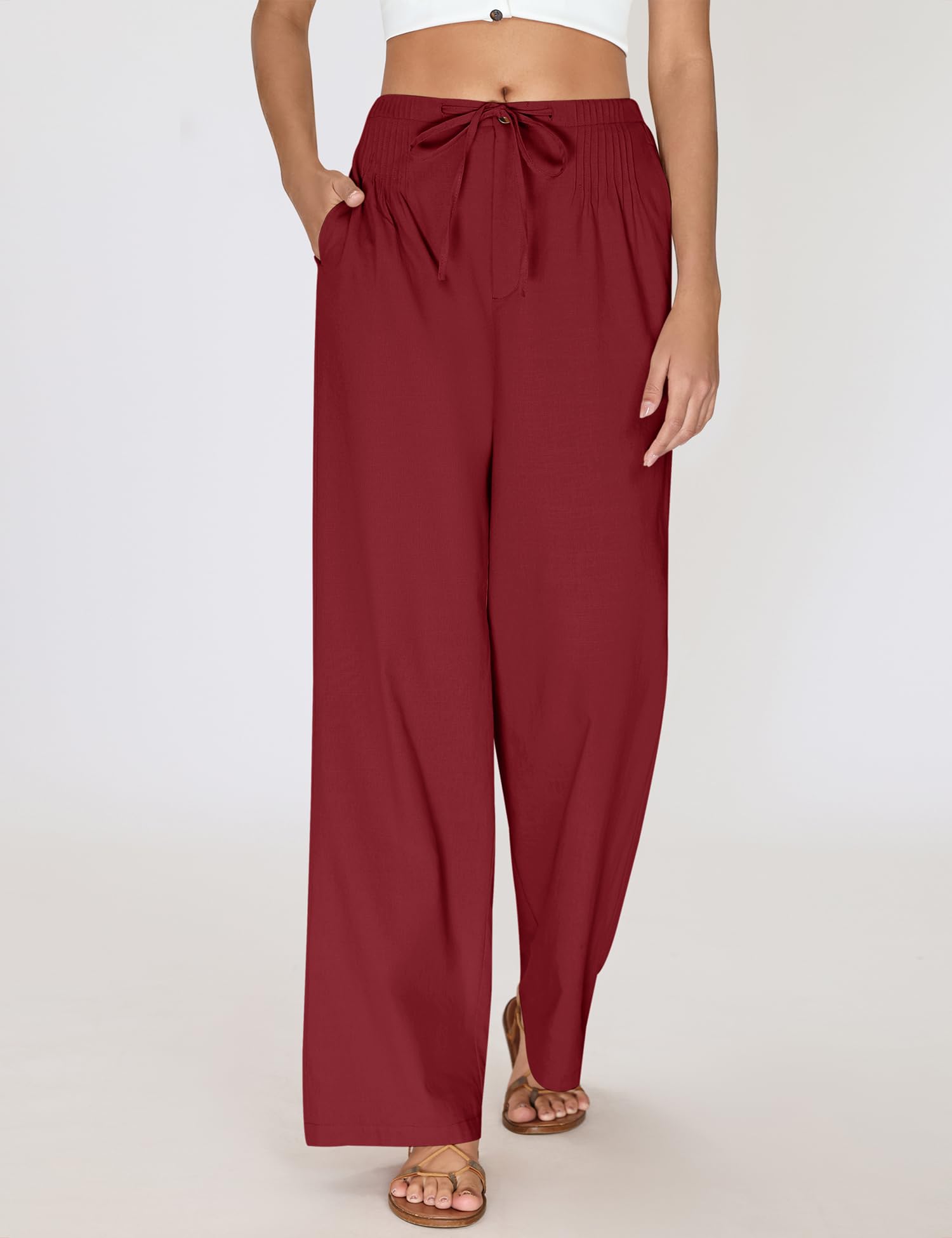 LOMON Womens Linen Pants Summer Wide Leg Cotton Pants Drawstring Elastic Waist Casual Loose Slacks Work Trousers with Pockets