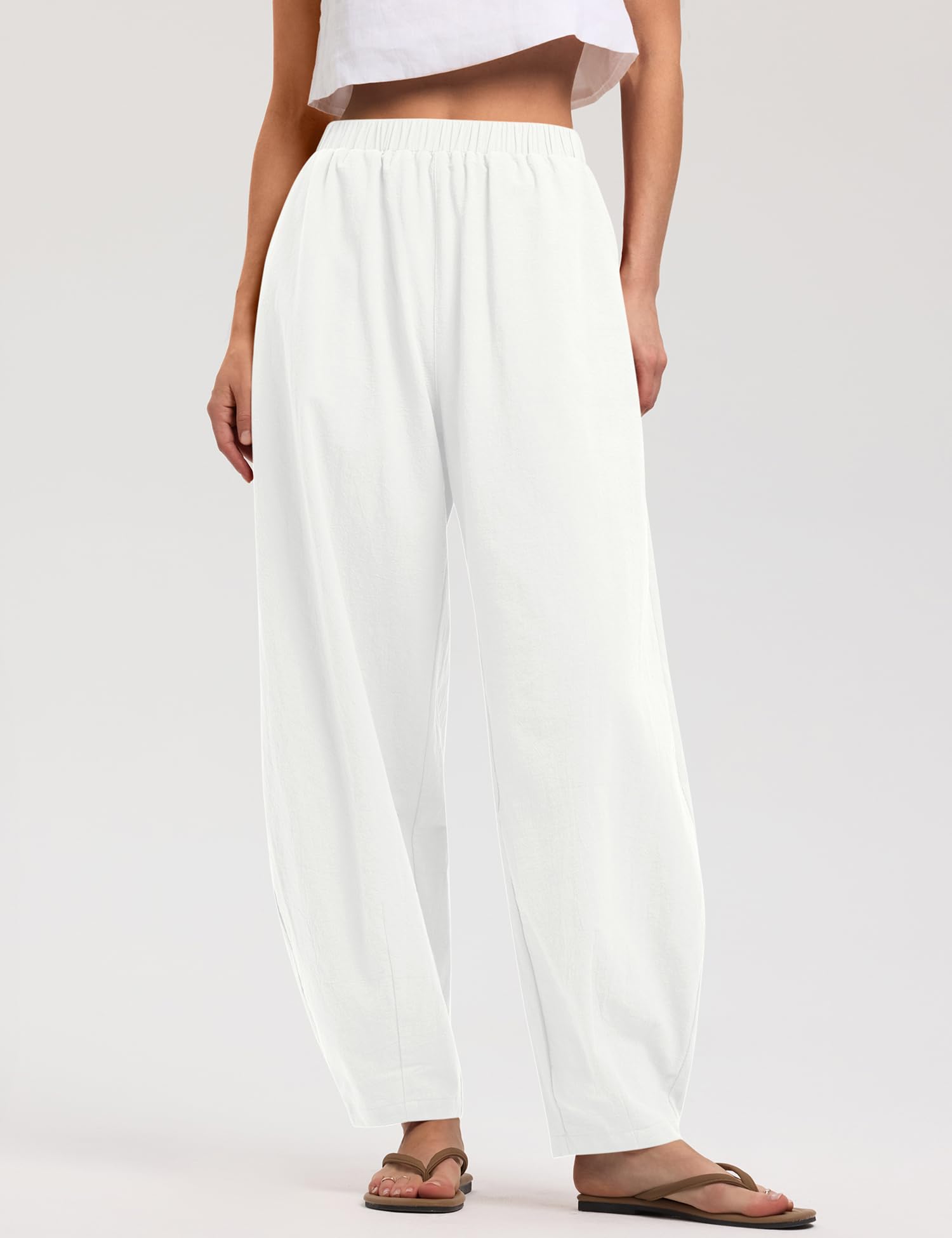 LOMON Linen Barrel Pants Women Wide Leg Palazzo Summer Baggy Harem Pants Boho Casual Trousers with Pockets Beach Vacation