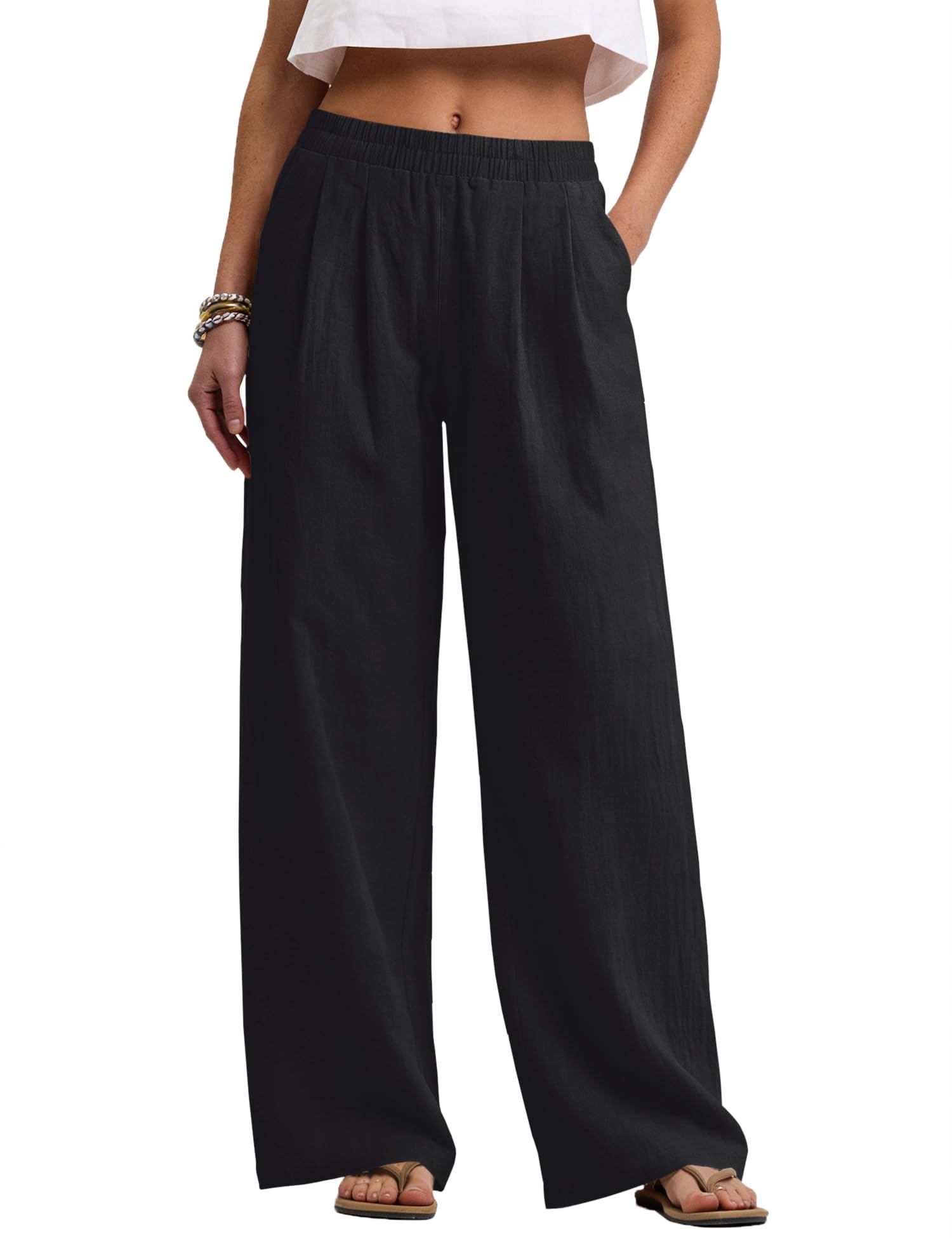 LOMON Cotton Linen Pants Women Wide Leg Palazzo Pants Beach Vacation Outfits Summer 2026 Flowy Clothes Trousers with Pockets