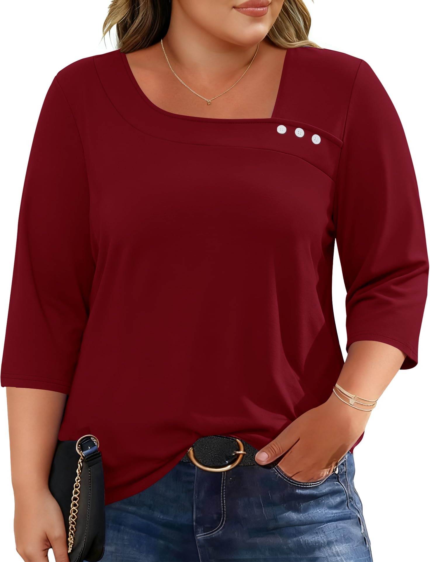 LOMON Womens Plus Size Tops 3/4 Length Sleeve T Shirts Asymmetrical Neck Blouses for Women Fashion 2026