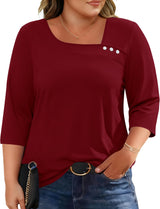 LOMON Womens Plus Size Tops 3/4 Length Sleeve T Shirts Asymmetrical Neck Blouses for Women Fashion 2026