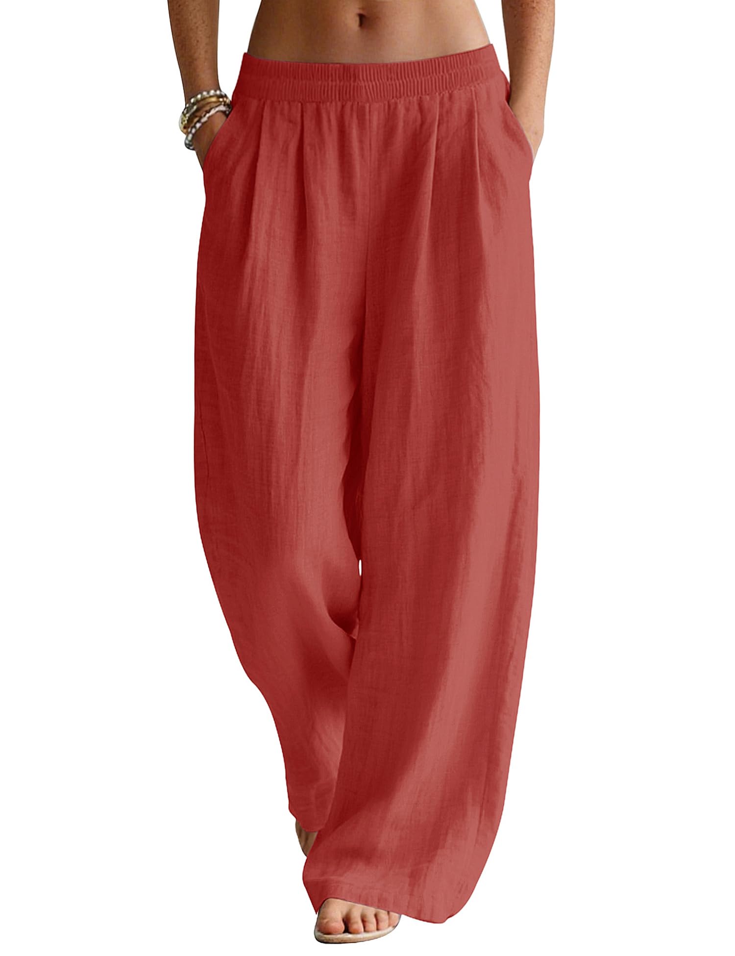LOMON Linen Pants Women Wide Leg Palazzo Summer Flowy Pants Beach Vacation Clothes Elastic Waist Travel Trousers with Pockets