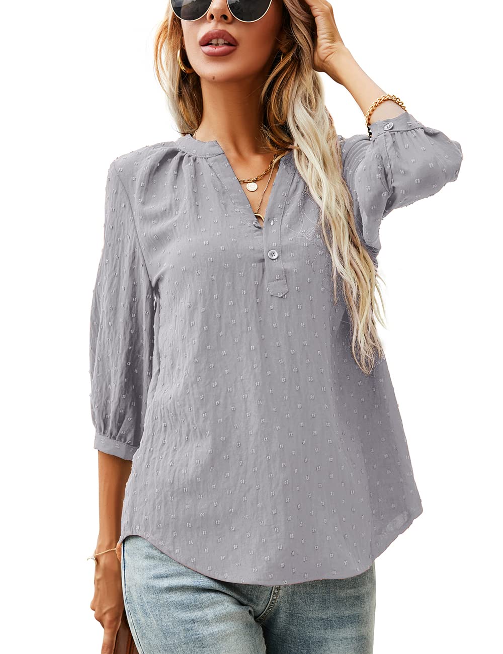 LOMON Women's Casual 3/4 Sleeve Henley V-Neck Button Up Pleated Back Blouses Swiss Dot Blouse Tops T-Shirts S-XXL