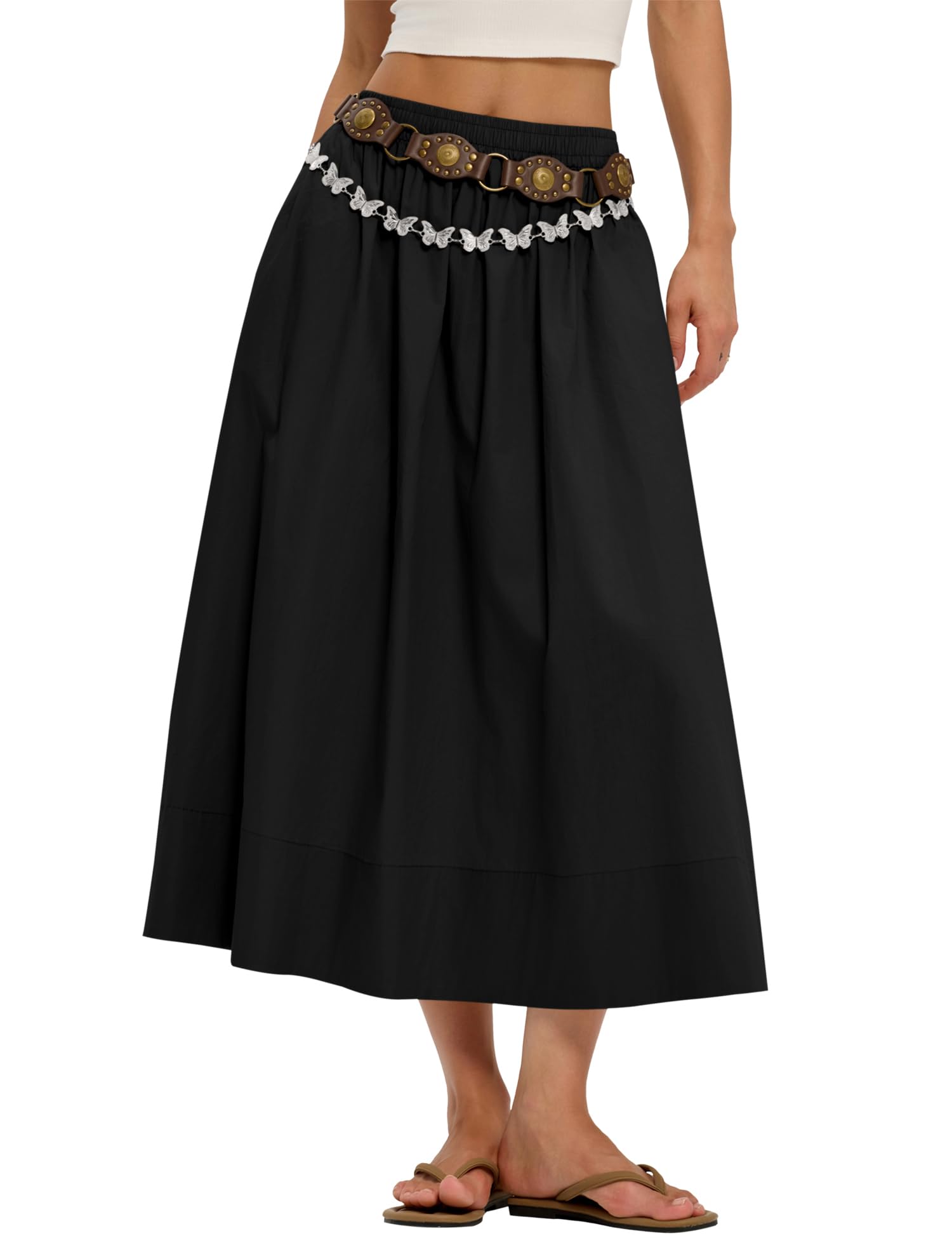 LOMON Midi Skirts for Women A-Line Cotton Flowy Maxi Skirt Boho Summer Beach Casual Elastic Waist Dress Outfit with Pockets