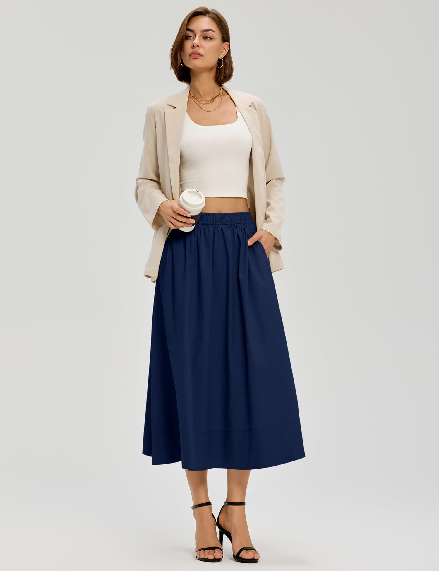 LOMON Midi Skirts for Women A-Line Cotton Flowy Maxi Skirt Boho Summer Beach Casual Elastic Waist Dress Outfit with Pockets