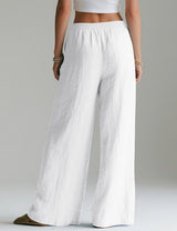 LOMON Linen Pants Women Wide Leg Palazzo Summer Flowy Pants Beach Vacation Clothes Elastic Waist Travel Trousers with Pockets