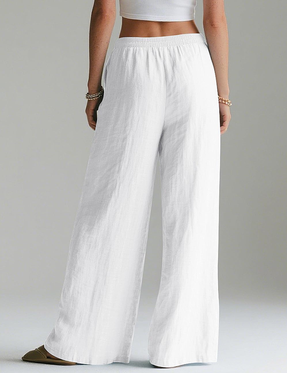 LOMON Linen Pants Women Wide Leg Palazzo Summer Flowy Pants Beach Vacation Clothes Elastic Waist Travel Trousers with Pockets