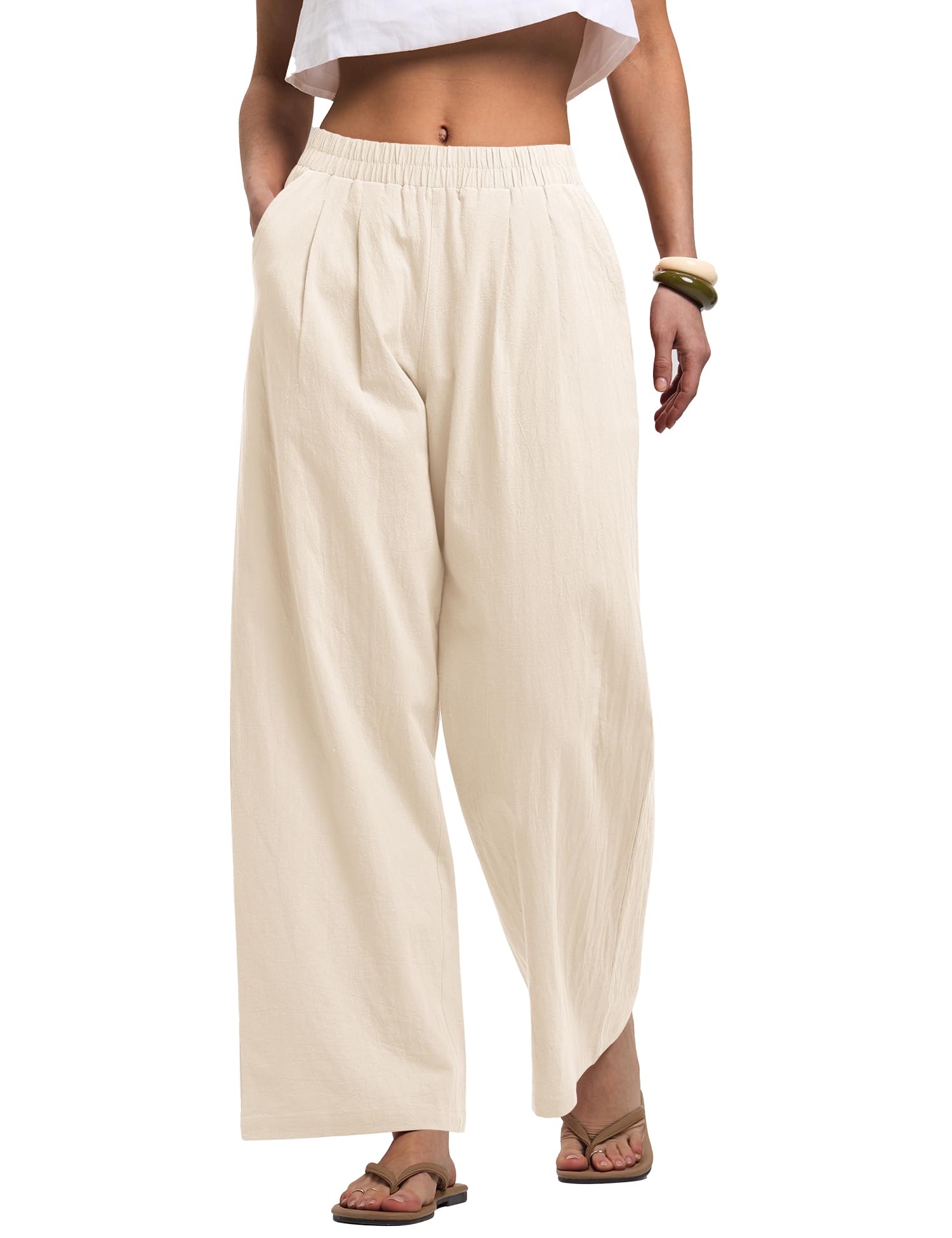 LOMON Cotton Linen Pants Women Wide Leg Palazzo Pants Beach Vacation Outfits Summer 2026 Flowy Clothes Trousers with Pockets