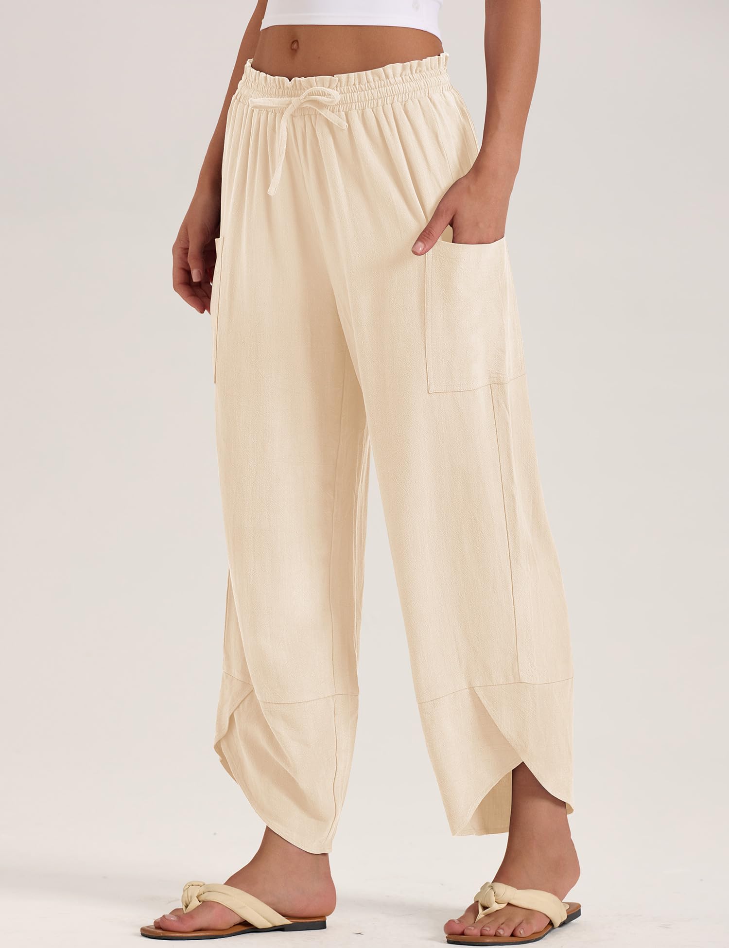 LOMON Women Linen Palazzo Pants Boho Wide Leg Elastic Waisted Casual Capri Pant Summer Harem Lounge with Pockets