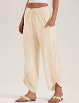 LOMON Women Linen Palazzo Pants Boho Wide Leg Elastic Waisted Casual Capri Pant Summer Harem Lounge with Pockets