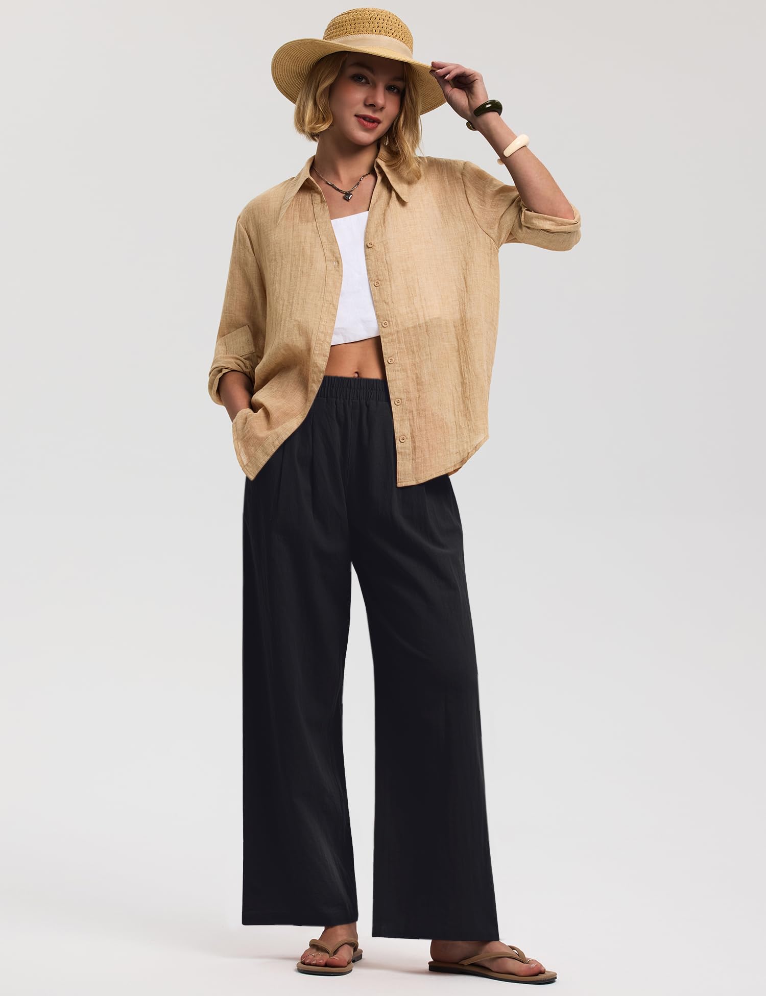 LOMON Cotton Linen Pants Women Wide Leg Palazzo Pants Beach Vacation Outfits Summer 2026 Flowy Clothes Trousers with Pockets