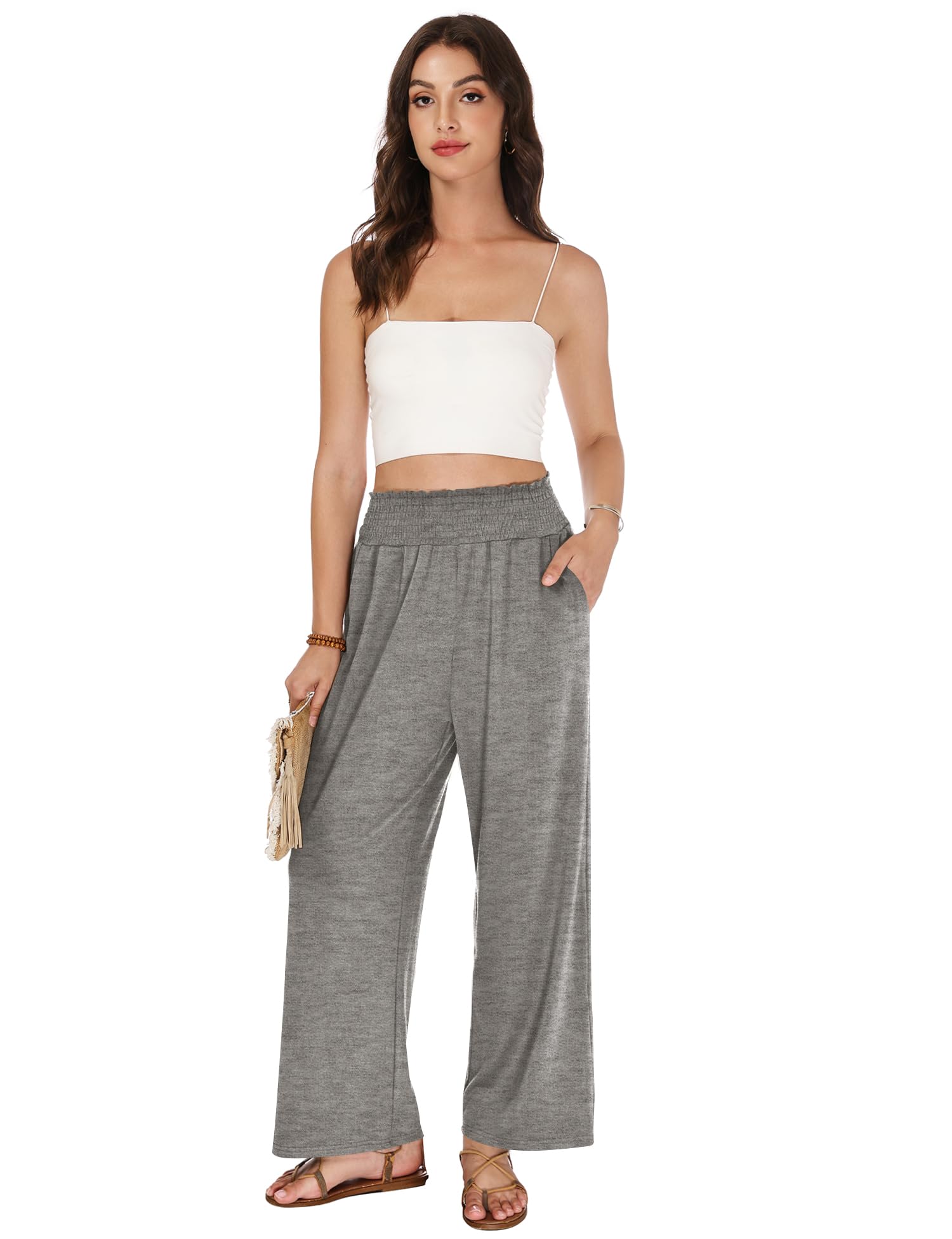 LOMON Womens Elastic High Waisted Palazzo Pants Casual Wide Leg Long Beach Vacation Trousers with Pockets