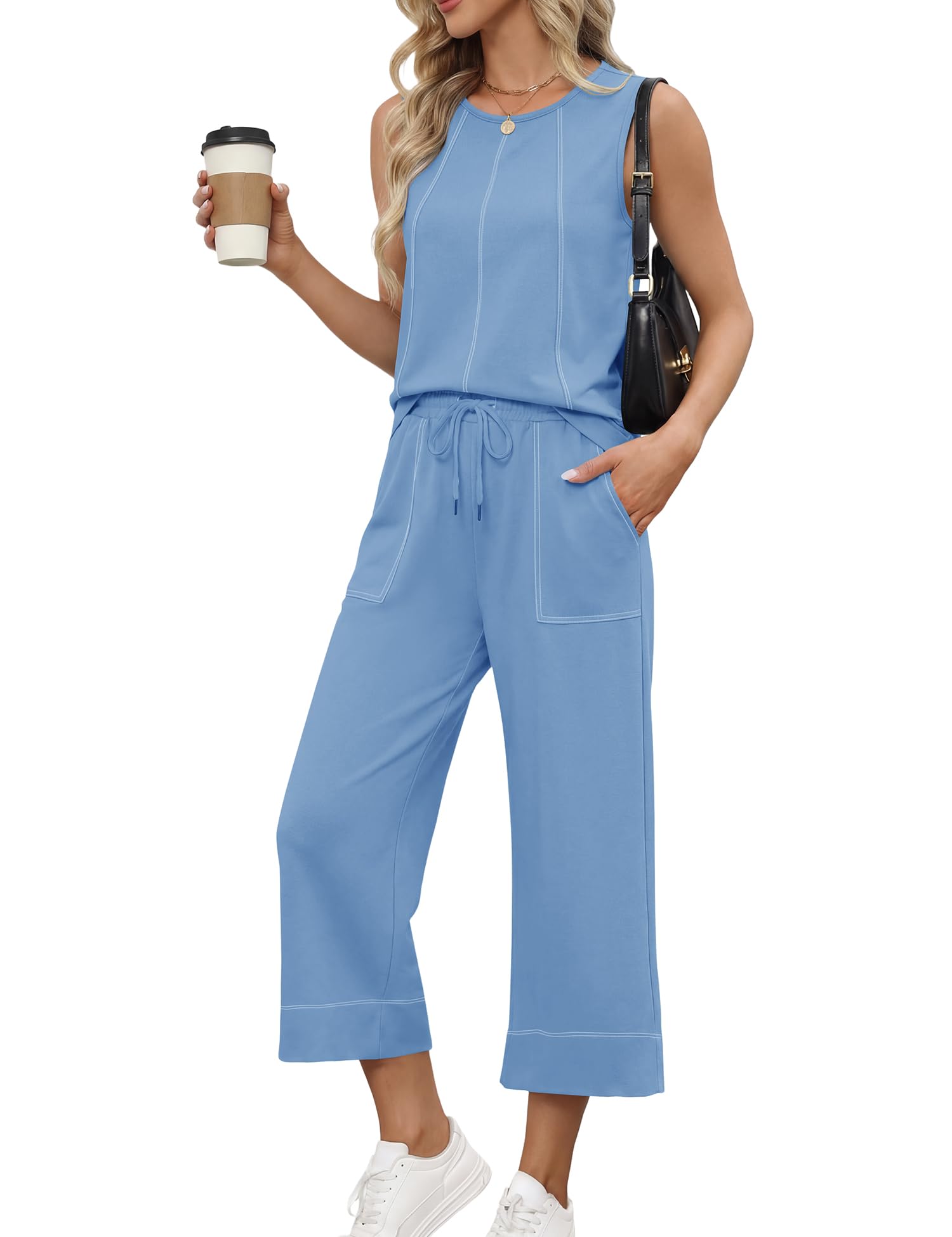 LOMON Two Piece Sets for Women Summer Outfits Sleeveless Tank Tops Wide Leg Crop Pants Matching Lounge Vacation Travel