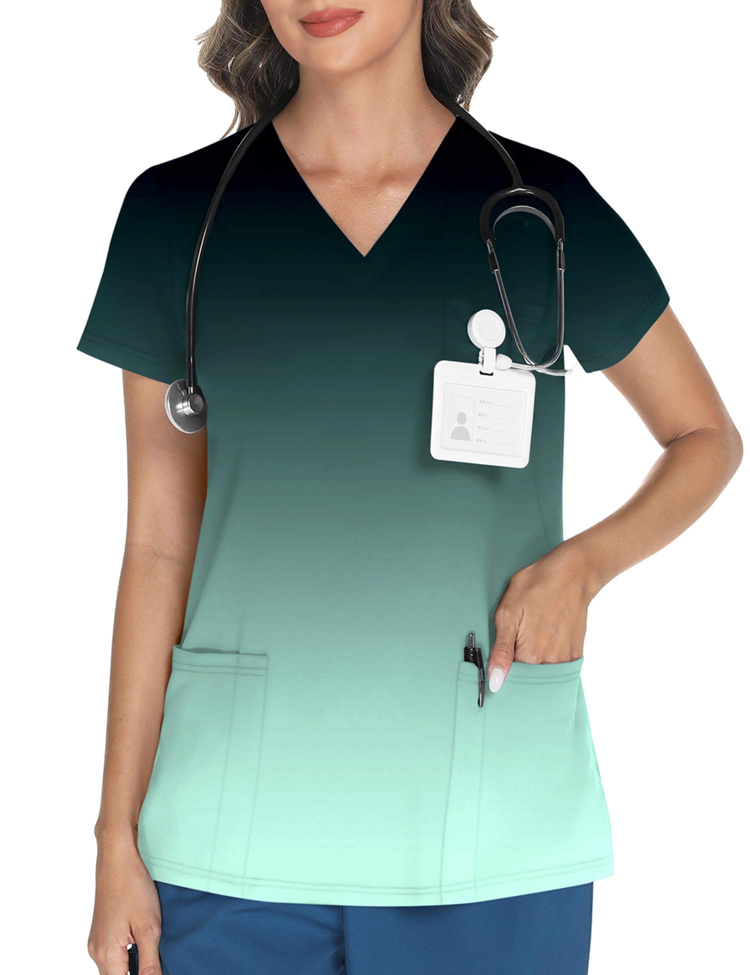 LOMON Women's V Neck Printed Scrub Top with 3 Pockets