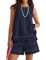 LOMON Womens Two Piece Short Sets Summer Round Neck Sleeveless Tank Tops Drawstring Elastic Waist Shorts with Pockets