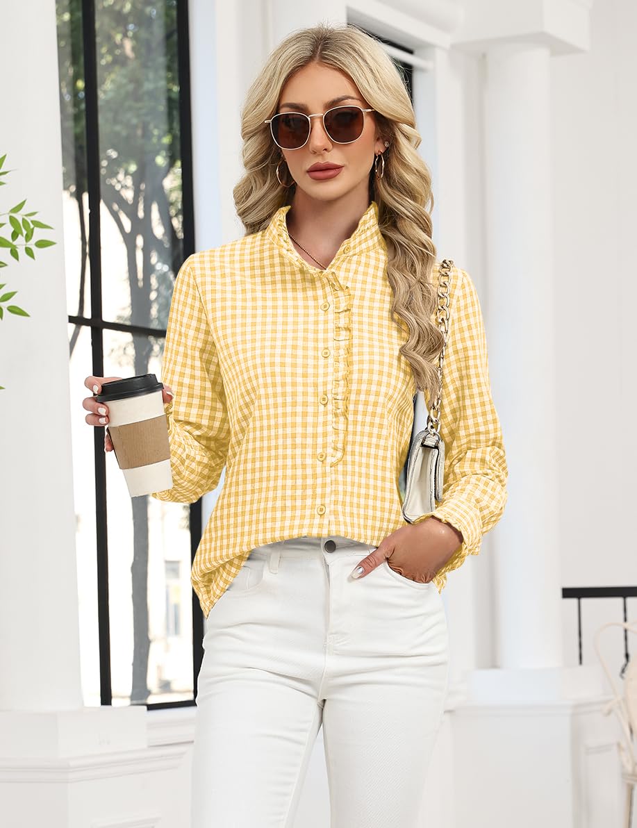 LOMON Button Down Shirts for Women Dressy Casual Long Sleeve Ruffle Blouses Office Tops Work Shirt