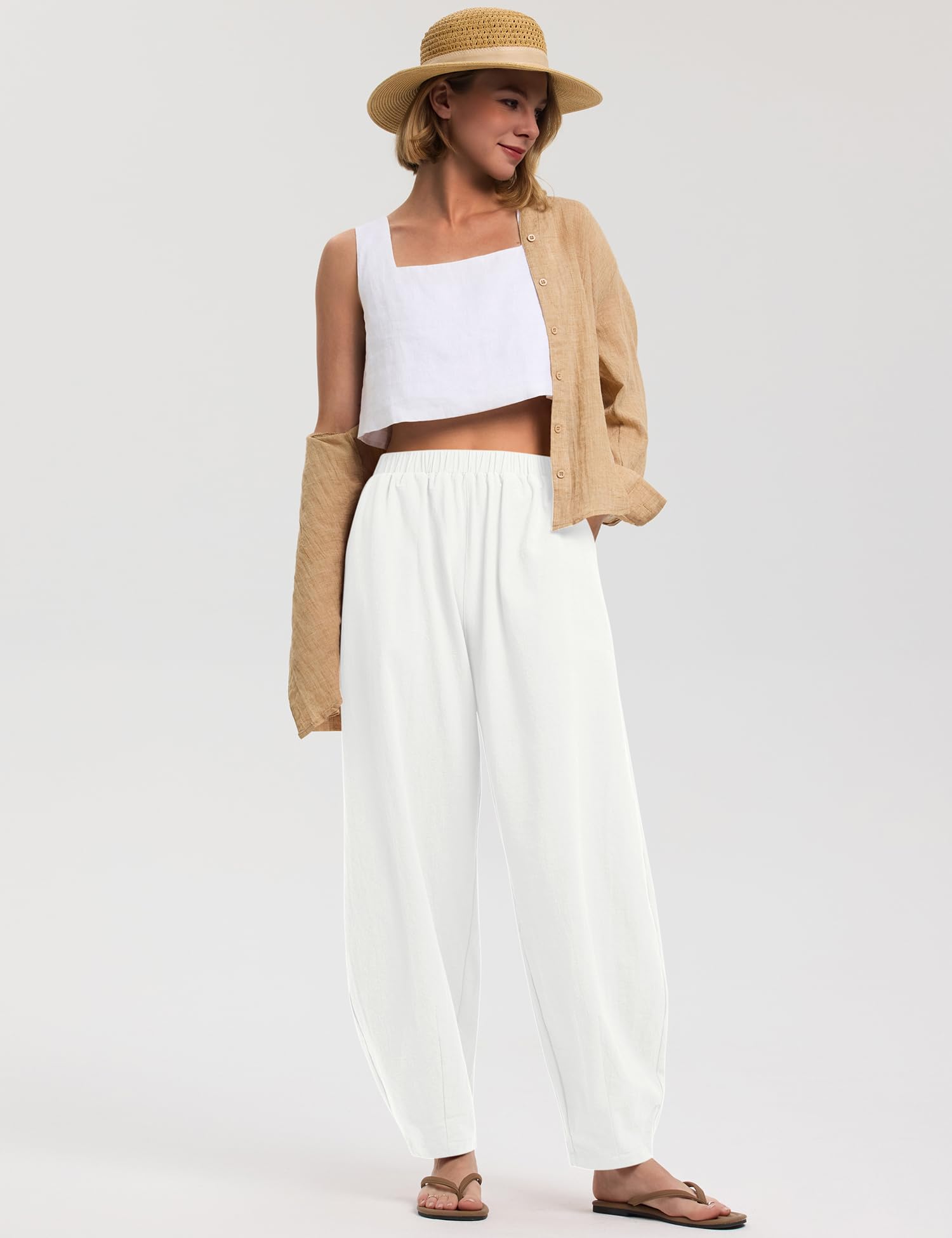LOMON Linen Barrel Pants Women Wide Leg Palazzo Summer Baggy Harem Pants Boho Casual Trousers with Pockets Beach Vacation