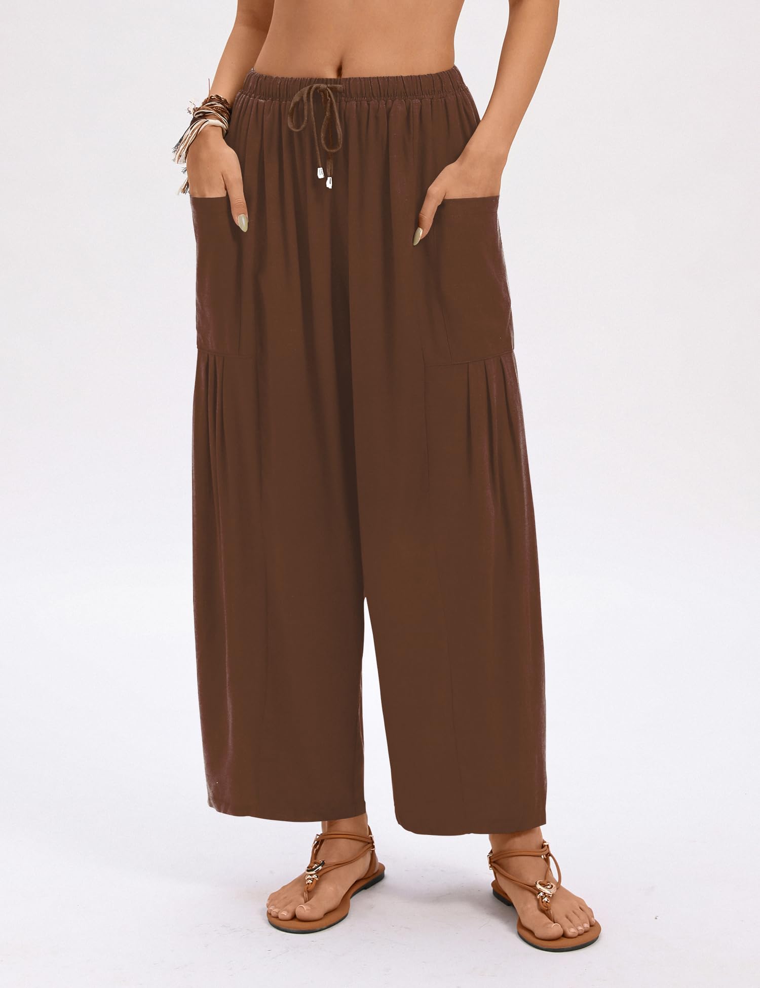 LOMON Womens Wide Leg Linen Pants Casual Drawstring Palazzo Harem Pants Summer Loose Beach Travel Vacation Pants with Pockets