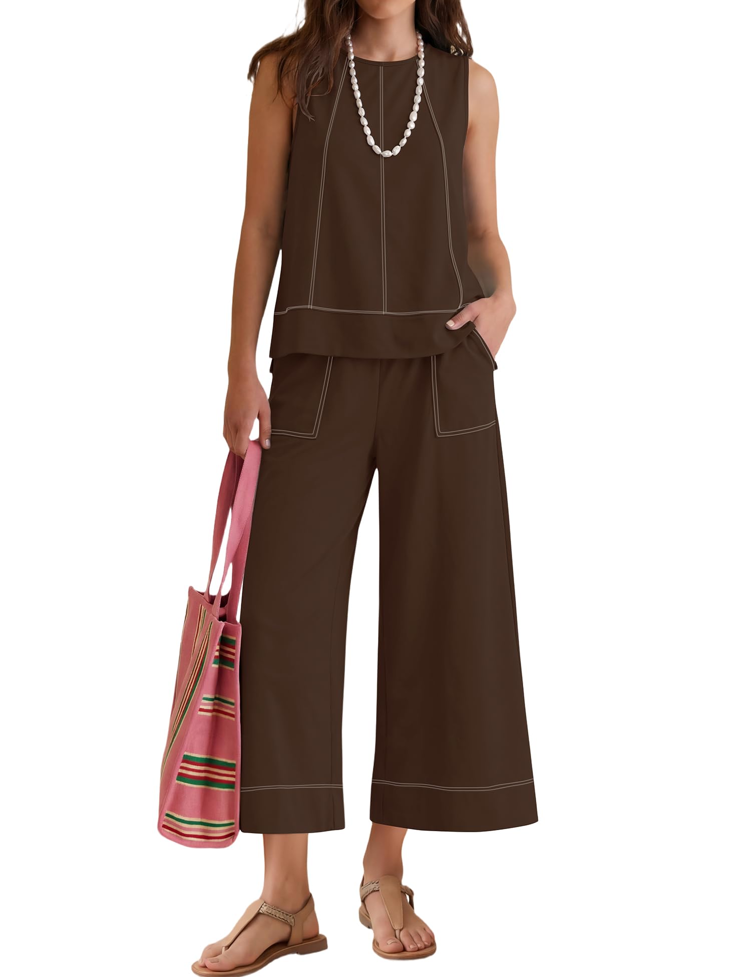 LOMON Two Piece Sets for Women Summer Outfits Sleeveless Tank Tops Wide Leg Crop Pants Matching Lounge Vacation Travel