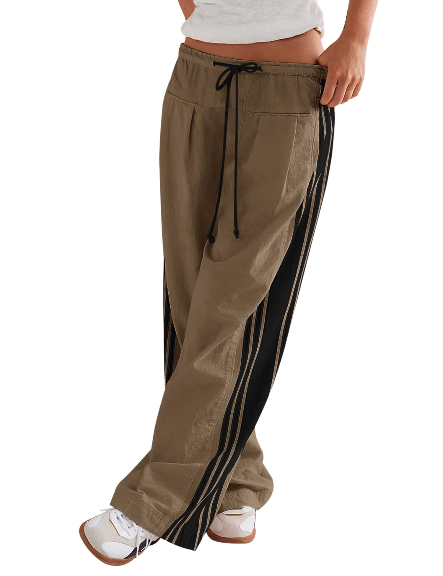 LOMON Pants for Women Wide Leg Side Striped Pants Drawstring Baggy Palazzo Work Trousers with Pockets