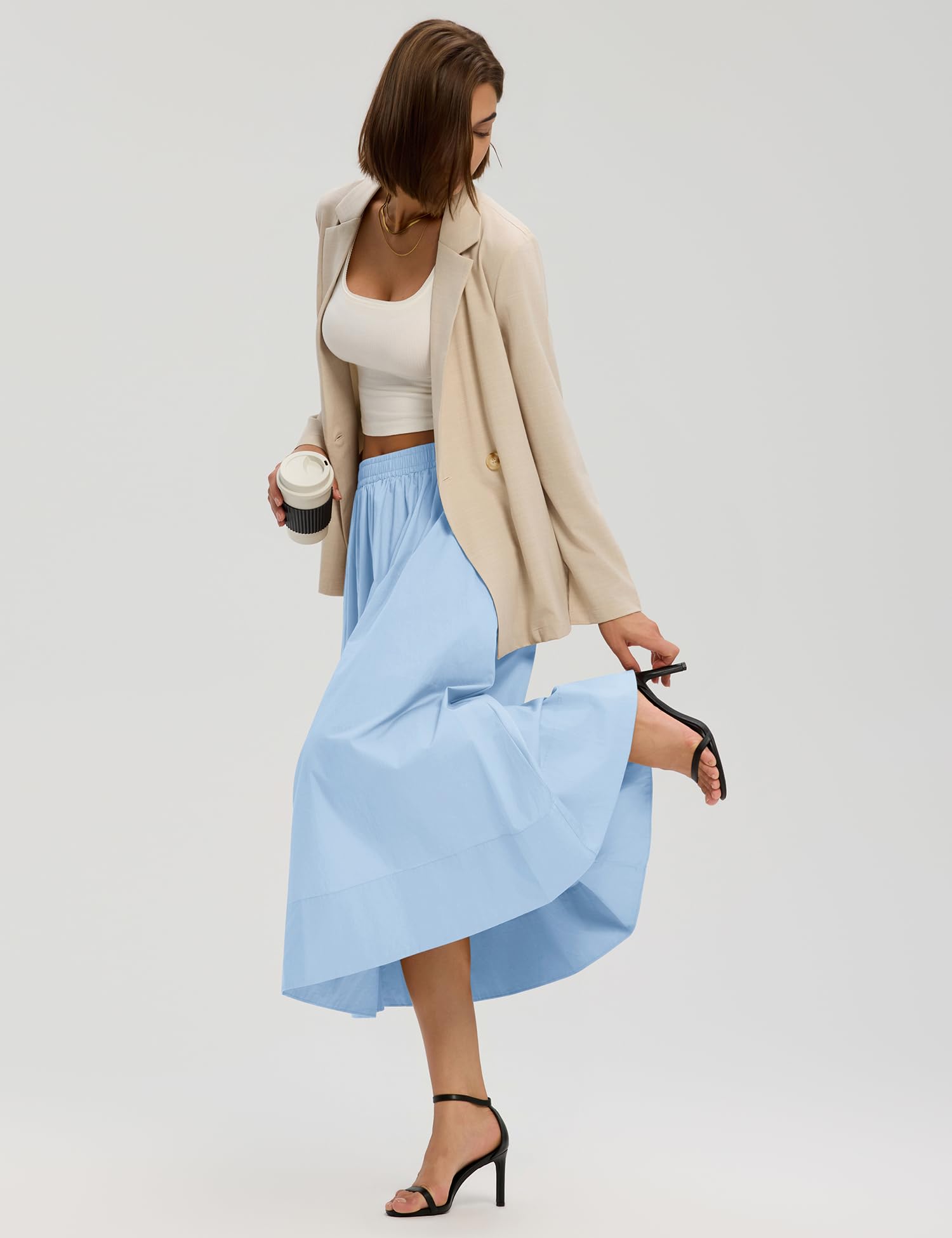 LOMON Midi Skirts for Women A-Line Cotton Flowy Maxi Skirt Boho Summer Beach Casual Elastic Waist Dress Outfit with Pockets