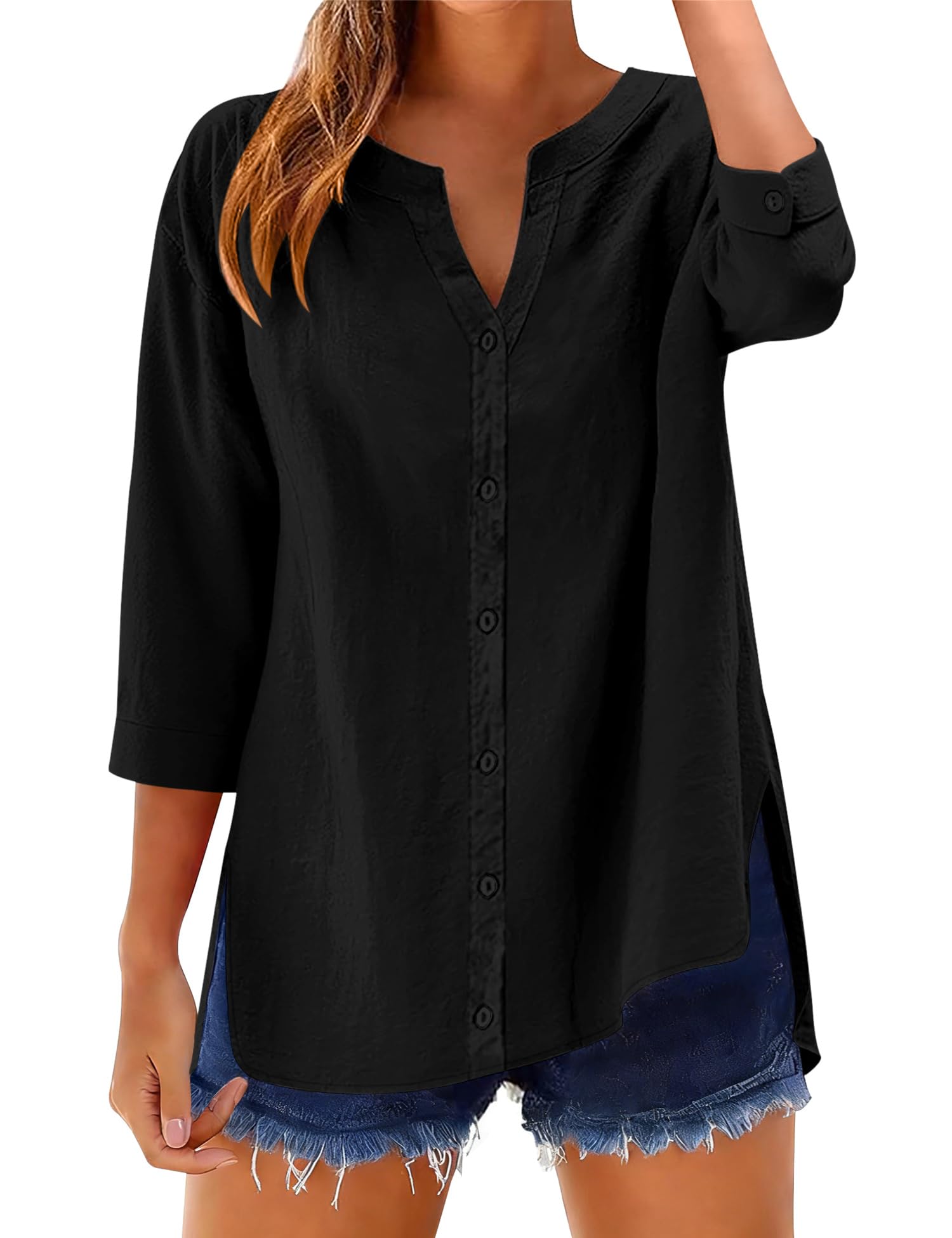 LOMON 3/4 Length Sleeve Womens Tops V Neck 3/4 Sleeve Sides Slit Button Down Shirts Cotton Linen Casual Loose Blouses