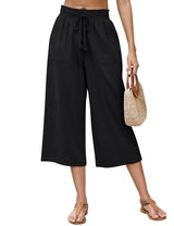 LOMON Women's Linen Capri Pants Wide Leg with Drawstring Elastic Waist Casual Cropped Pant