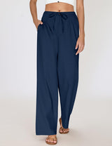 LOMON Womens Linen Pants Summer Wide Leg Cotton Pants Drawstring Elastic Waist Casual Loose Slacks Work Trousers with Pockets