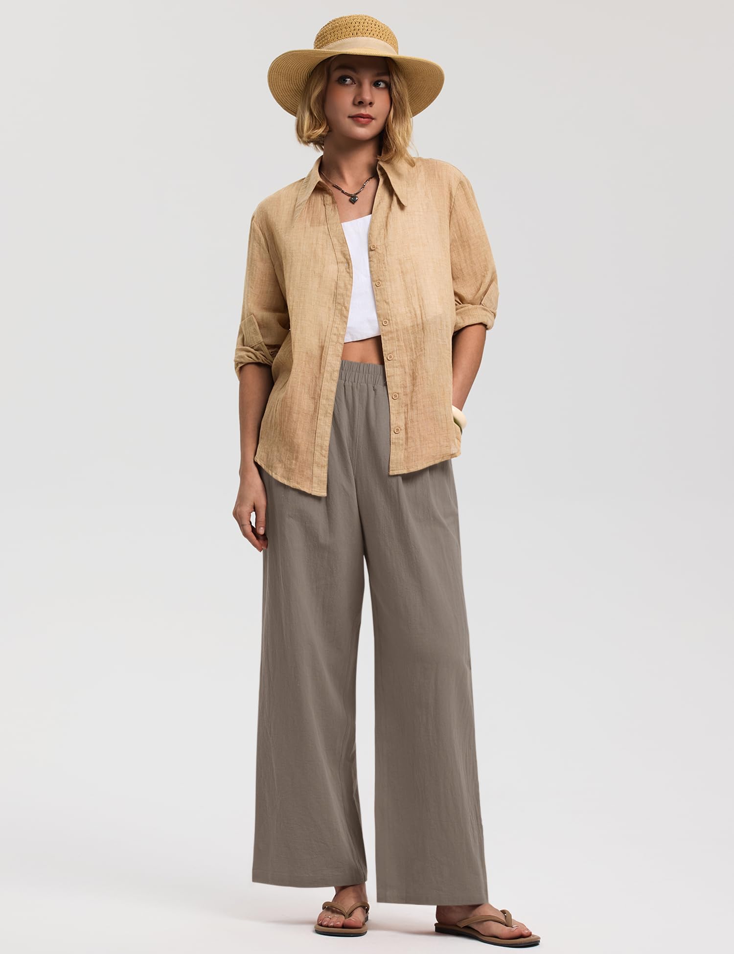 LOMON Cotton Linen Pants Women Wide Leg Palazzo Pants Beach Vacation Outfits Summer 2026 Flowy Clothes Trousers with Pockets