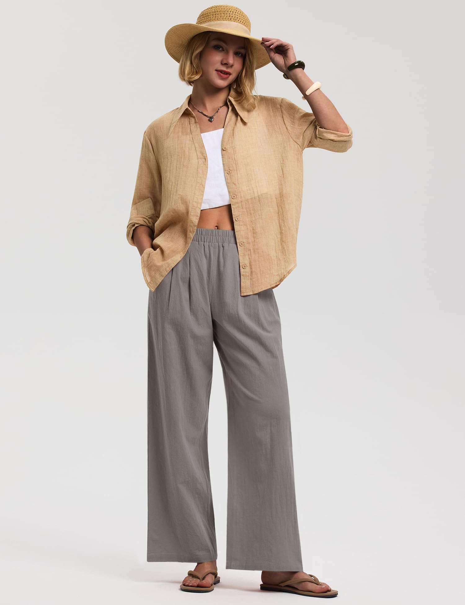 LOMON Cotton Linen Pants Women Wide Leg Palazzo Pants Beach Vacation Outfits Summer 2026 Flowy Clothes Trousers with Pockets
