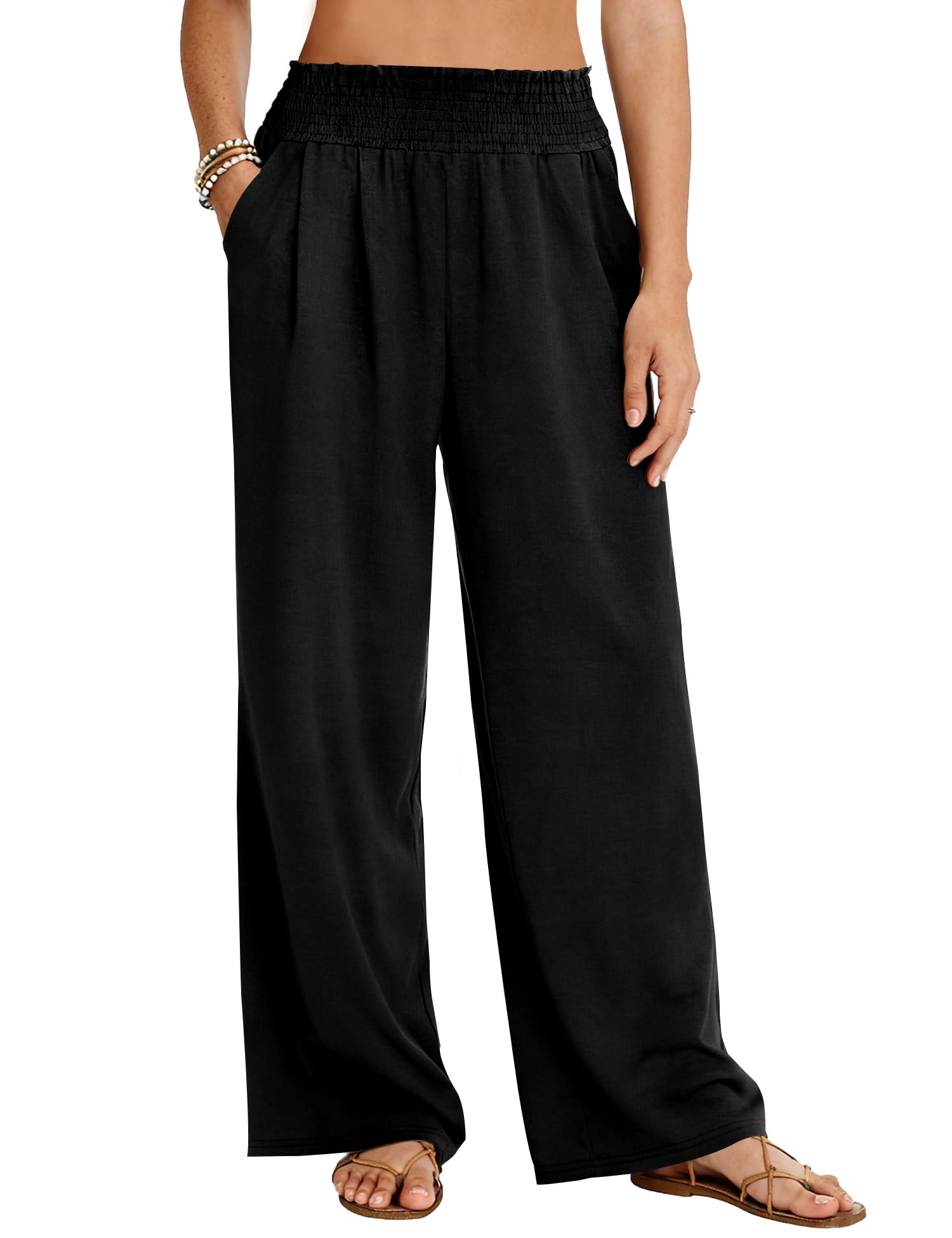 LOMON Womens Elastic High Waisted Palazzo Pants Casual Wide Leg Long Beach Vacation Trousers with Pockets
