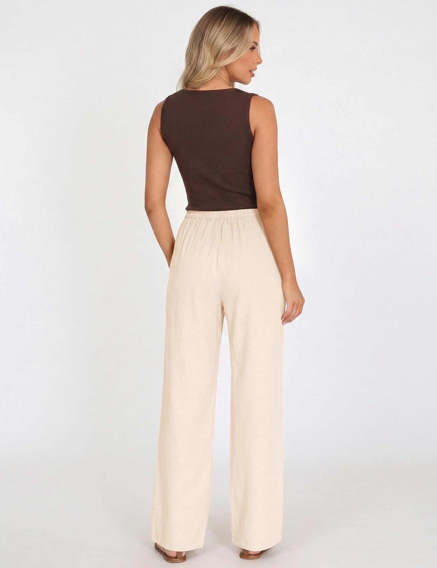 LOMON Womens Linen Pants Summer Wide Leg Cotton Pants Drawstring Elastic Waist Casual Loose Slacks Work Trousers with Pockets
