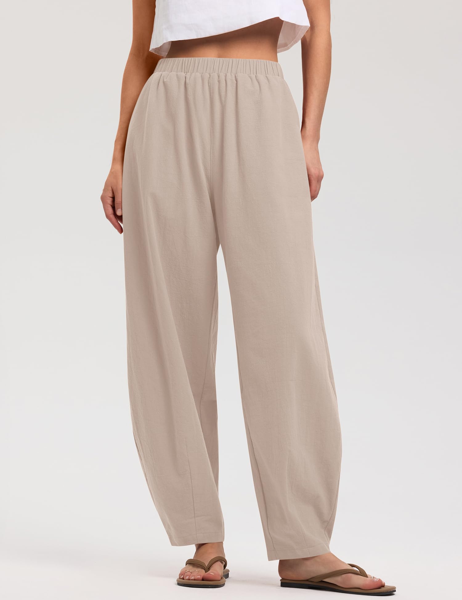 LOMON Linen Barrel Pants Women Wide Leg Palazzo Summer Baggy Harem Pants Boho Casual Trousers with Pockets Beach Vacation
