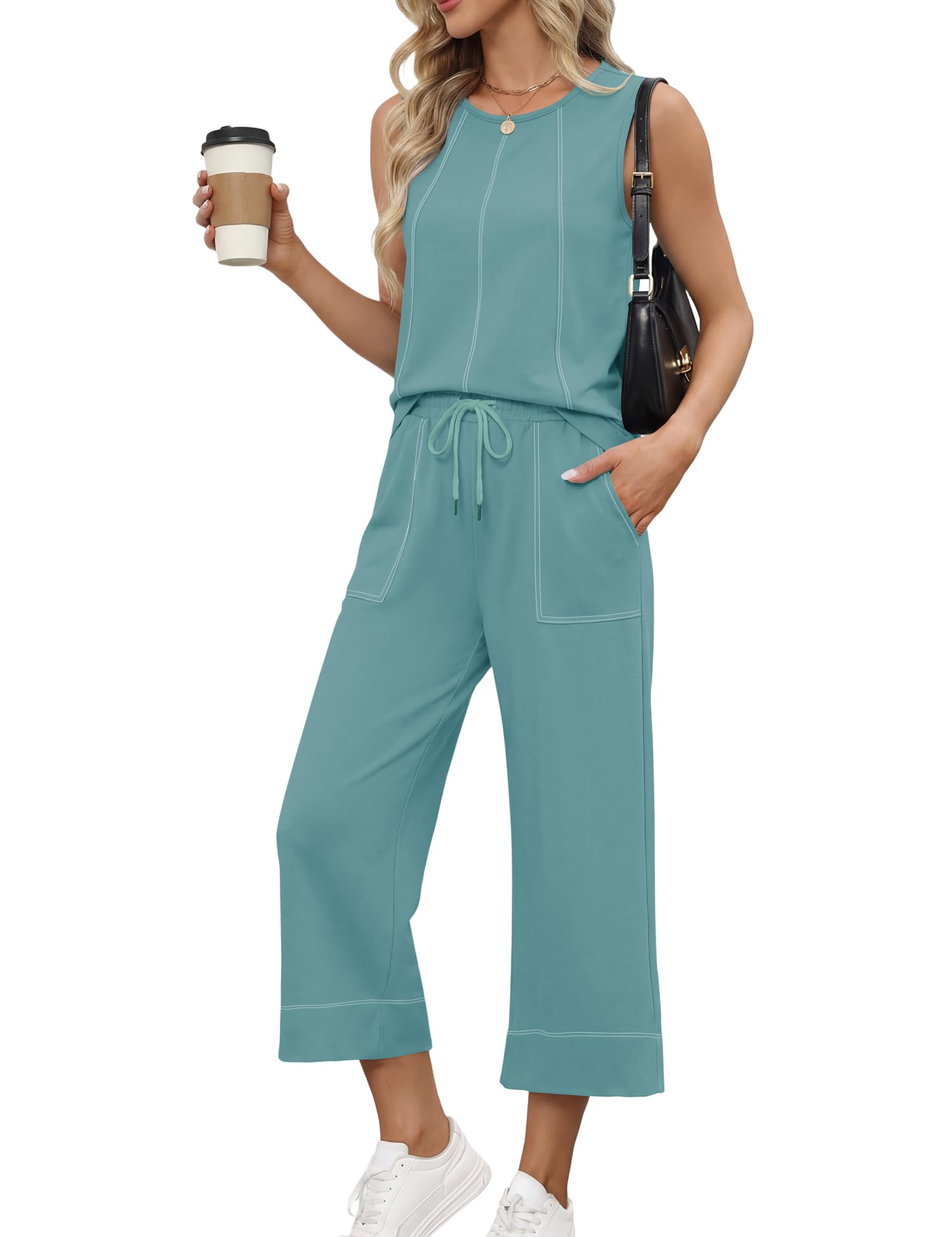 LOMON Two Piece Sets for Women Summer Outfits Sleeveless Tank Tops Wide Leg Crop Pants Matching Lounge Vacation Travel