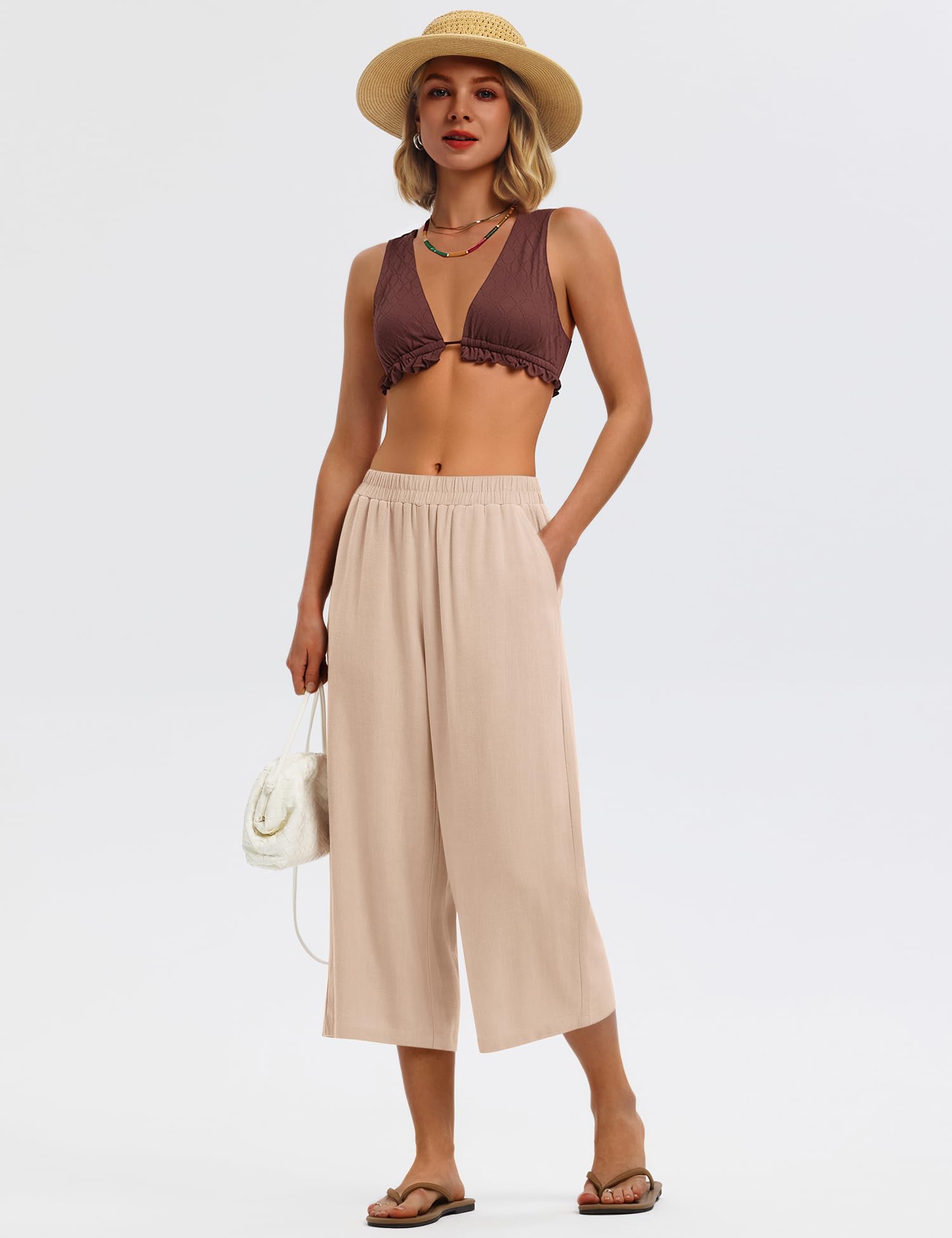 LOMON Women's Wide Leg Capri Pants Cropped Palazzo Summer Beach Vacation Casual Pants with Pockets