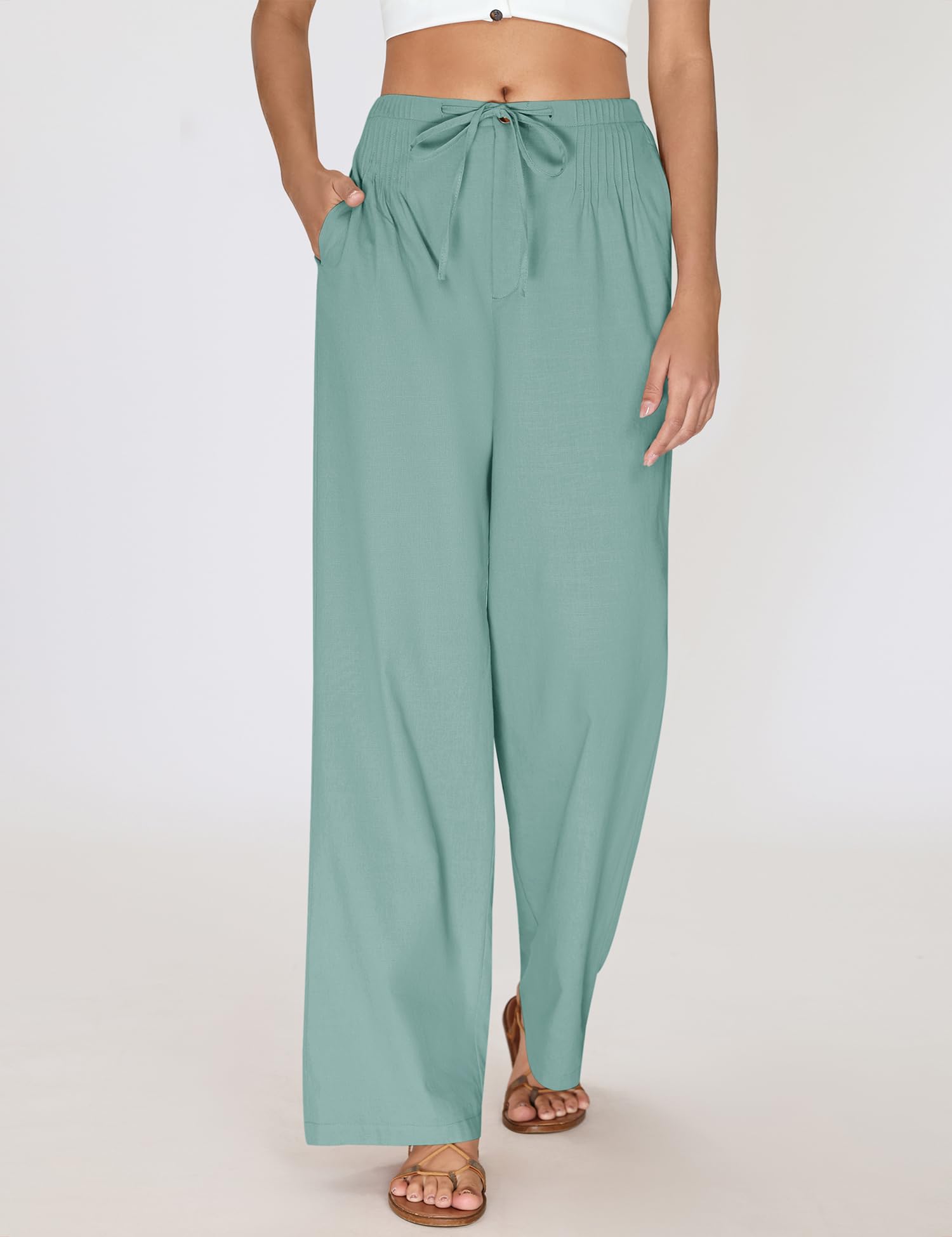 LOMON Womens Linen Pants Summer Wide Leg Cotton Pants Drawstring Elastic Waist Casual Loose Slacks Work Trousers with Pockets